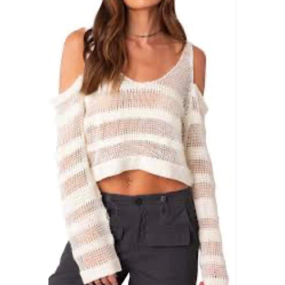 Edikted White Open Stitch Loose Knit Cropped Cold Shoulder Cotton Sweater M